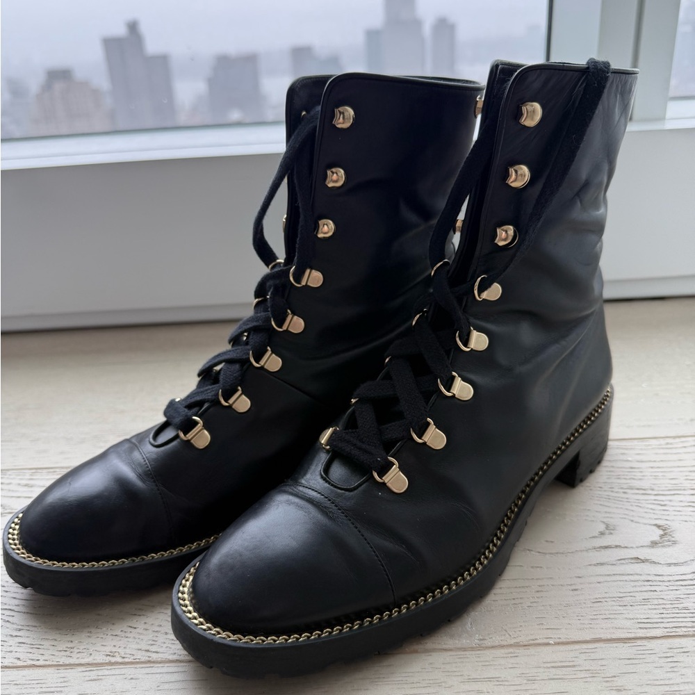 Stuart Weitzman Black Leather Combat Boots with Gold Accents